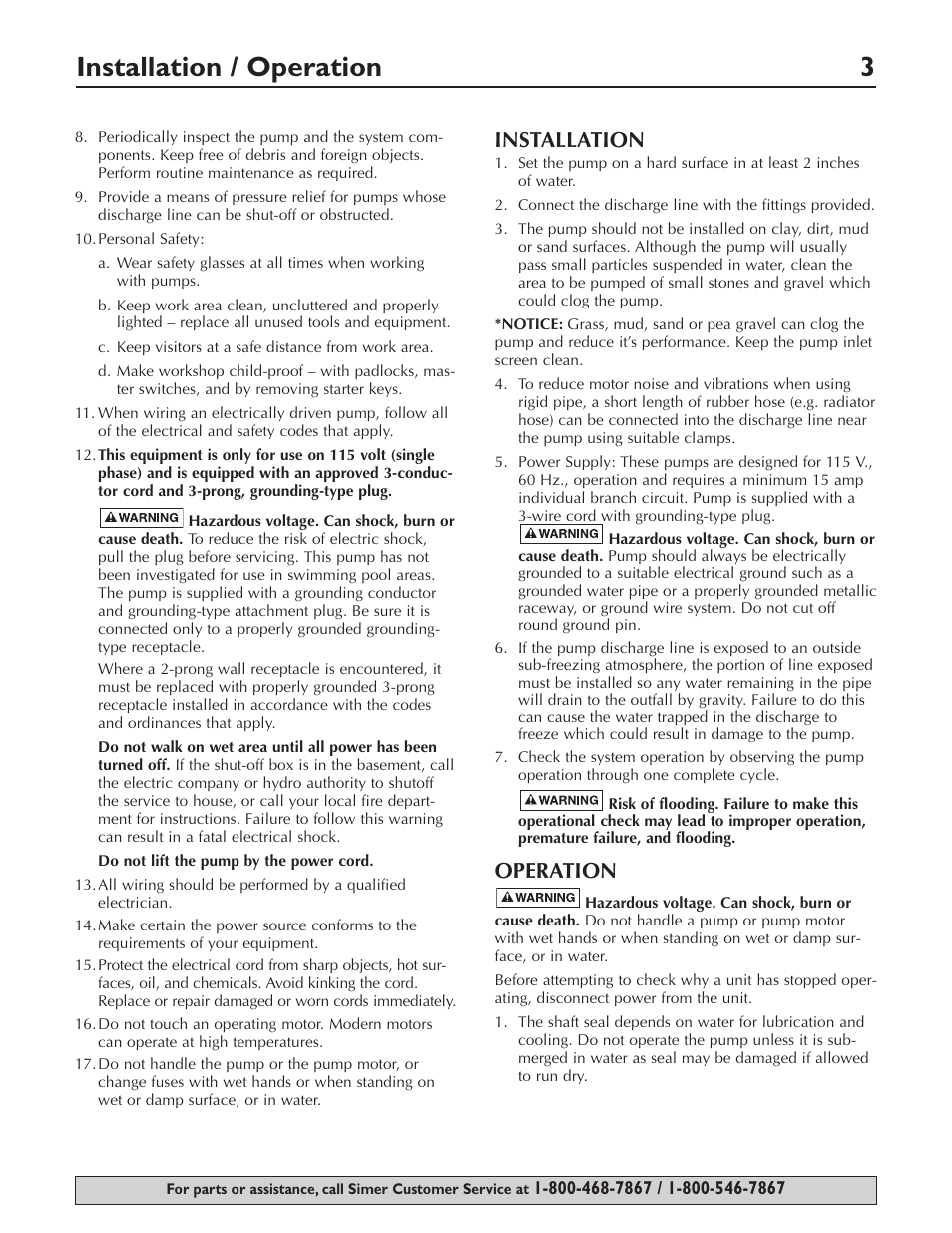 Installation / operation 3, Installation, Operation | Simer Pumps 2310-04 User Manual | Page 3 / 16