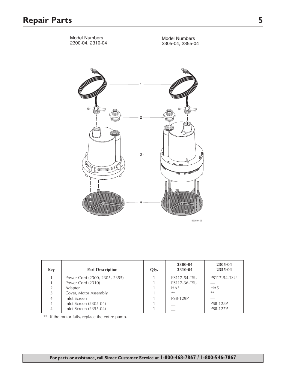 Repair parts 5 | Simer Pumps 2310-04 User Manual | Page 5 / 16