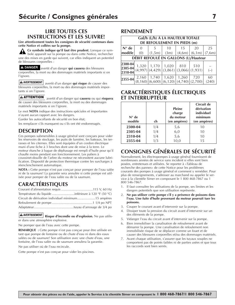 Sécurite / consignes générales 7, Lire toutes ces instructions et les suivre, Description | Caractéristiques | Simer Pumps 2310-04 User Manual | Page 7 / 16