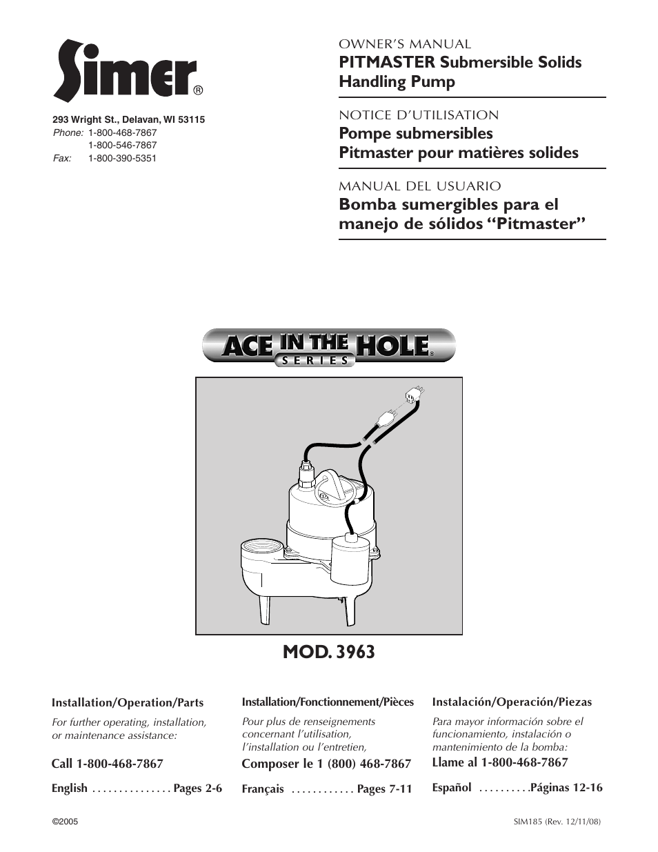 Simer Pumps 3963 User Manual | 16 pages