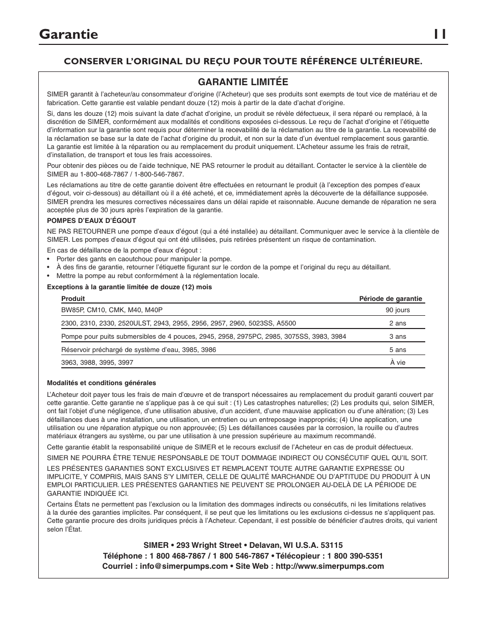 Garantie 11, Garantie limitée | Simer Pumps 3963 User Manual | Page 11 / 16