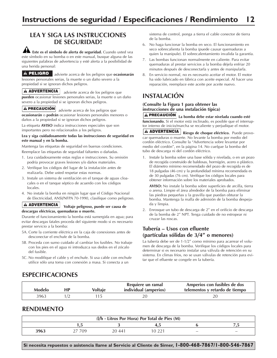 Lea y siga las instrucciones de seguridad, Instalación, Rendimento | Especificaciones | Simer Pumps 3963 User Manual | Page 12 / 16