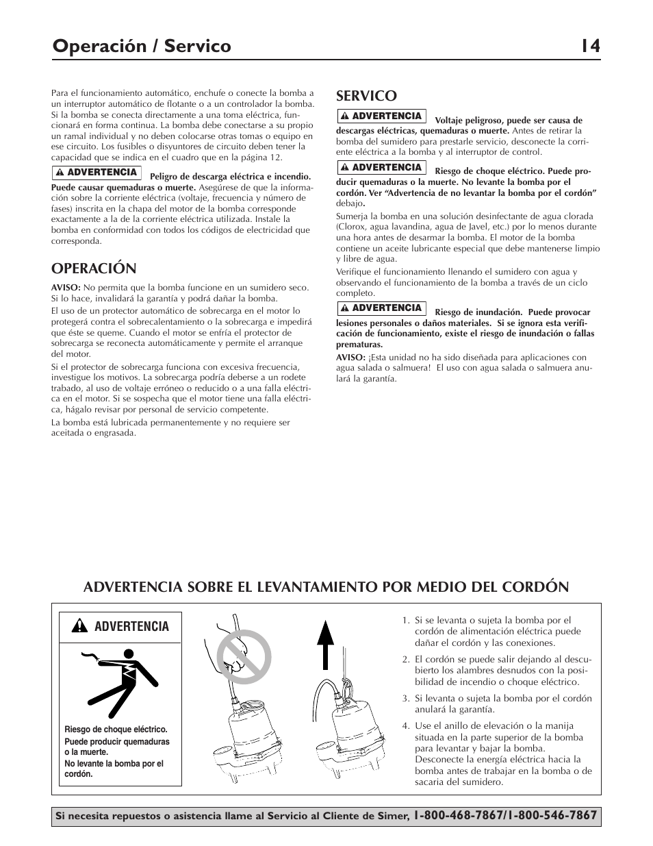 Operación / servico 14, Operación, Servico | Simer Pumps 3963 User Manual | Page 14 / 16