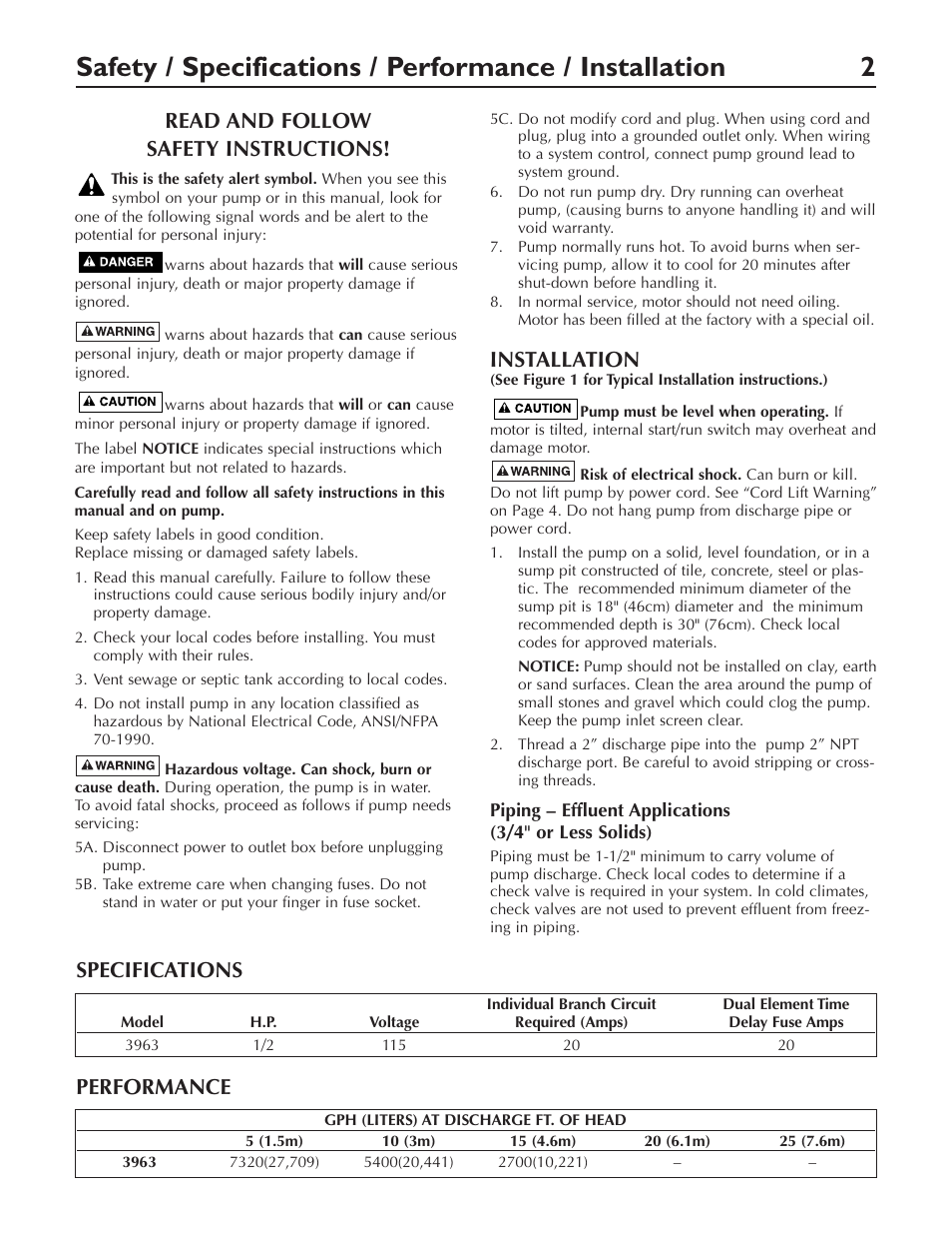 Read and follow safety instructions, Installation, Performance | Specifications | Simer Pumps 3963 User Manual | Page 2 / 16