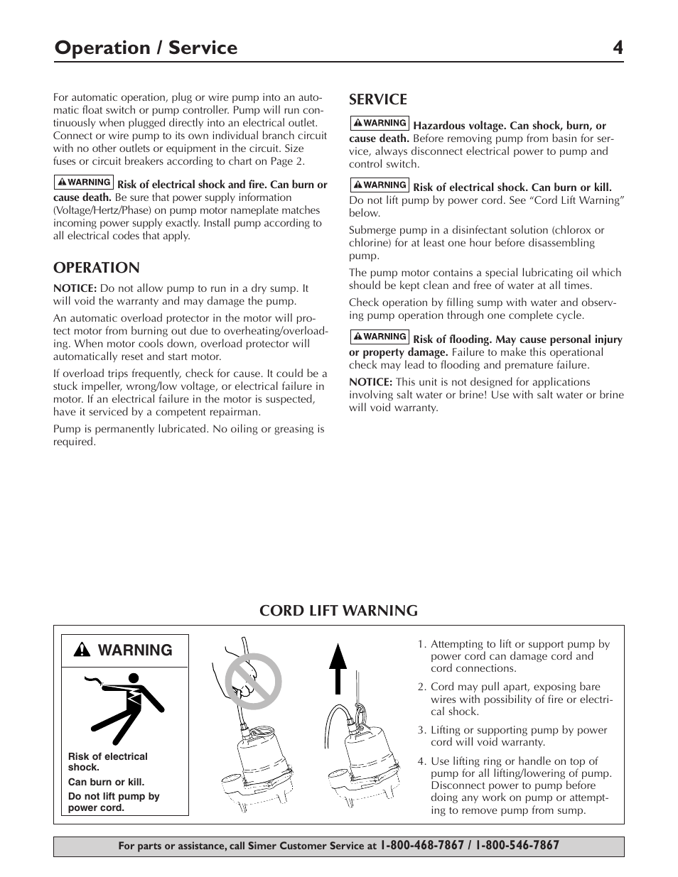 Operation / service 4, Operation, Service | Warning cord lift warning | Simer Pumps 3963 User Manual | Page 4 / 16
