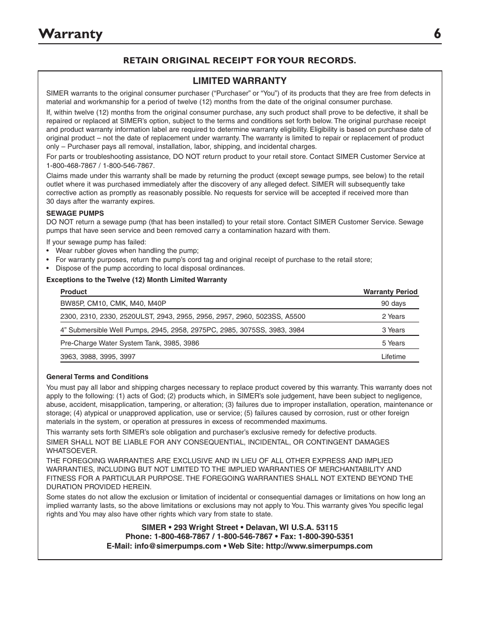 Warranty 6 | Simer Pumps 3963 User Manual | Page 6 / 16