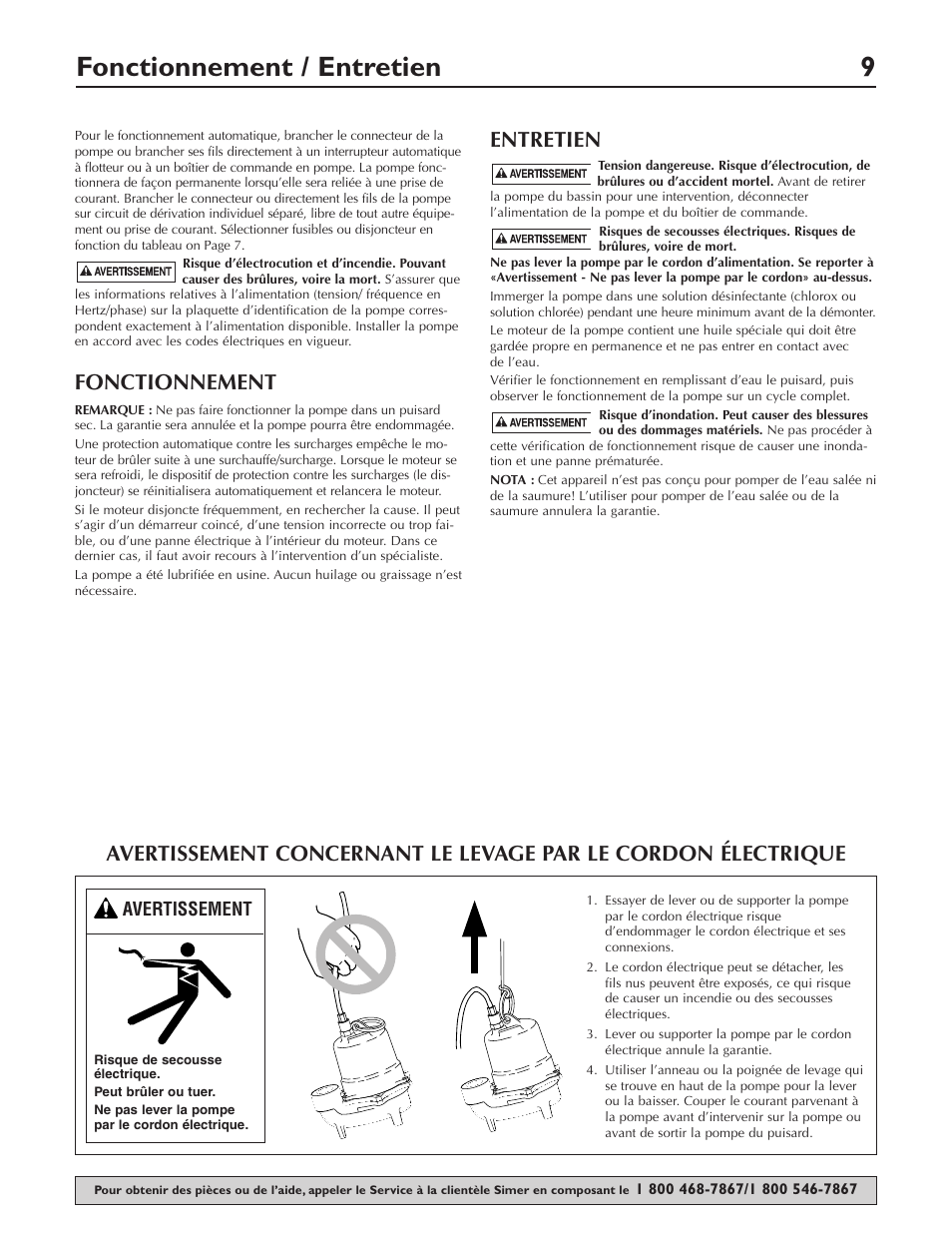 Fonctionnement / entretien 9, Fonctionnement, Entretien | Simer Pumps 3963 User Manual | Page 9 / 16