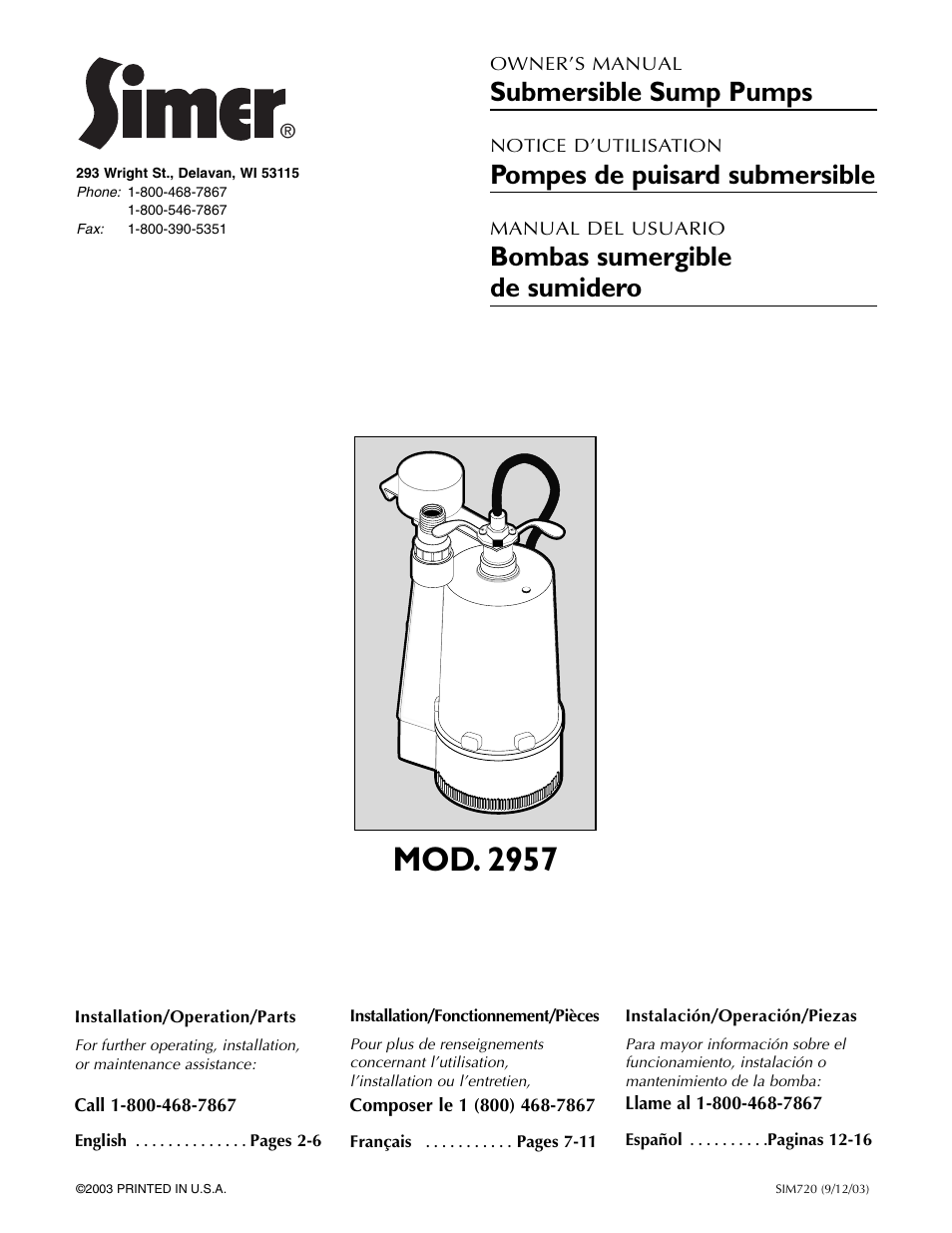 Simer Pumps 2955-01 User Manual | 16 pages