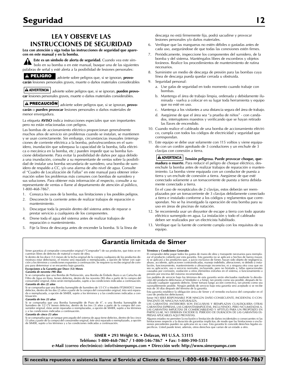 Seguridad 12, Lea y observe las instrucciones de seguridad, Garantía limitada de simer | Simer Pumps 2955-01 User Manual | Page 12 / 16