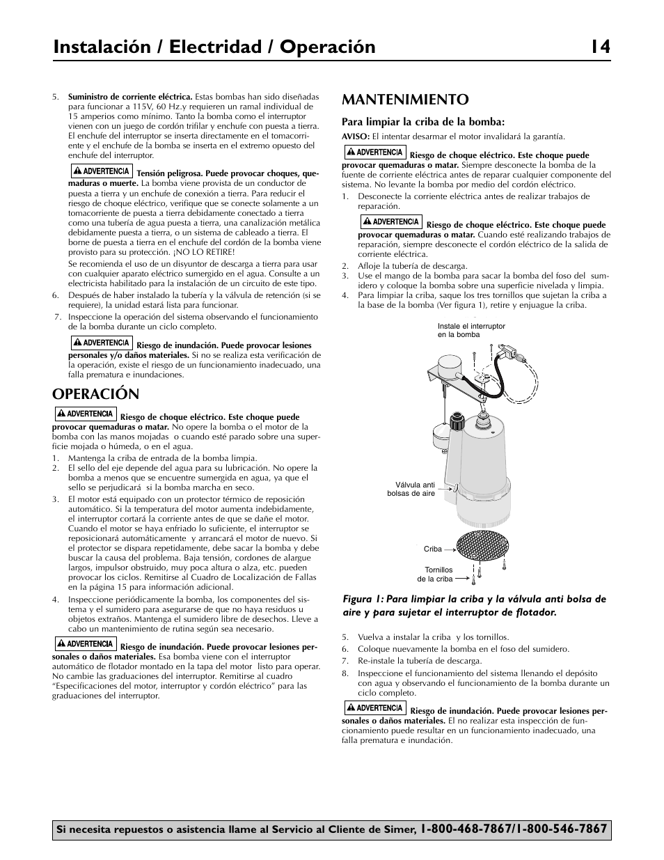 Instalación / electridad / operación 14, Operación, Mantenimiento | Simer Pumps 2955-01 User Manual | Page 14 / 16