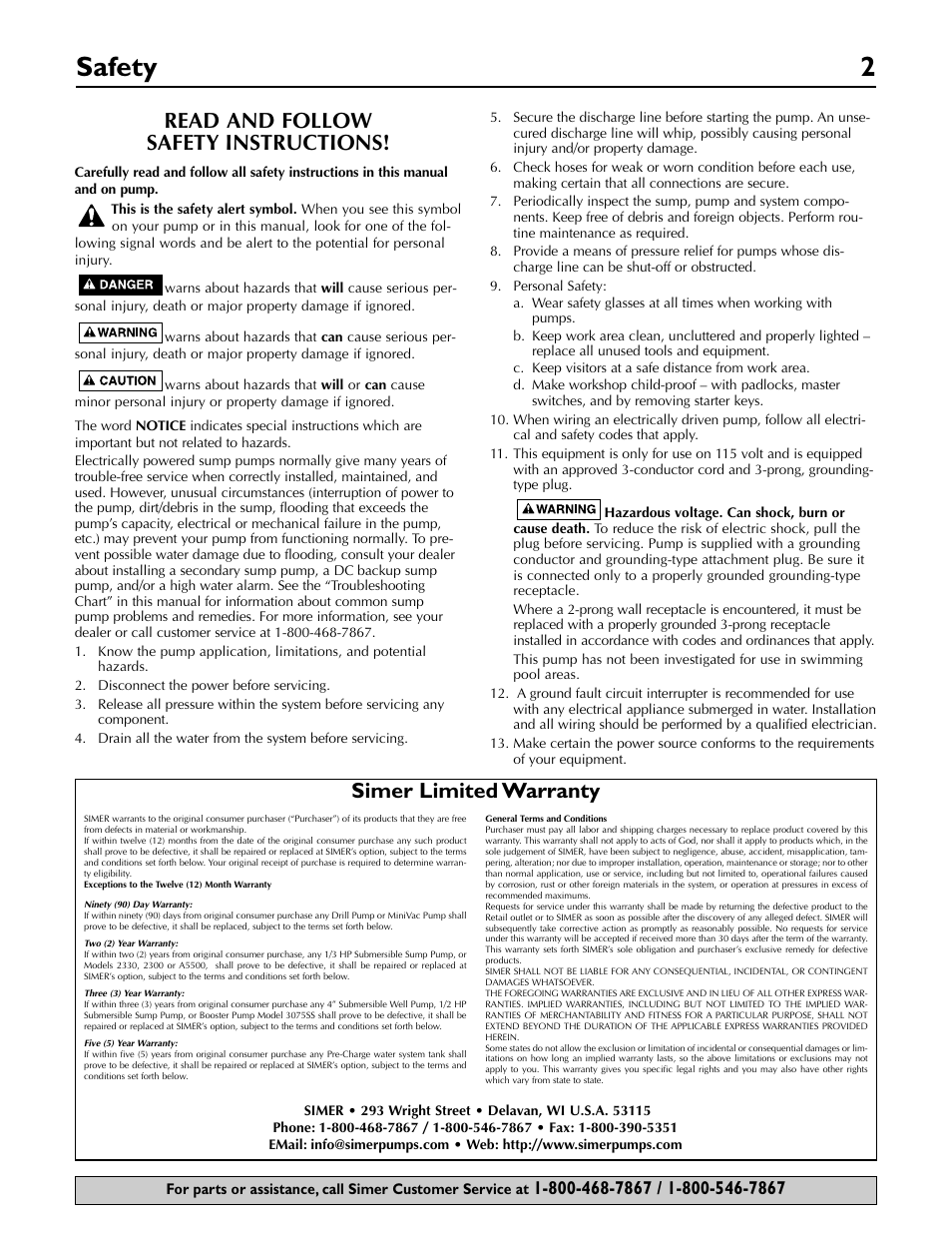 Safety 2, Read and follow safety instructions, Simer limited warranty | Simer Pumps 2955-01 User Manual | Page 2 / 16