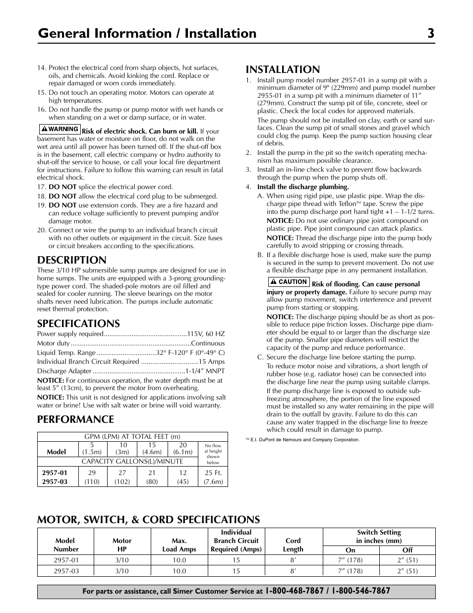 General information / installation 3, Description, Specifications | Performance installation, Motor, switch, & cord specifications | Simer Pumps 2955-01 User Manual | Page 3 / 16