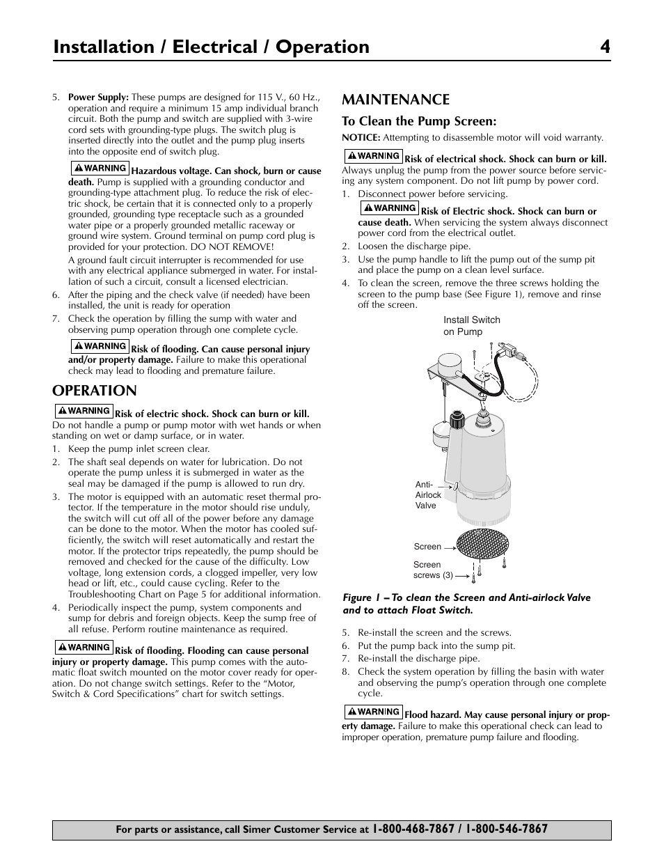 Installation / electrical / operation 4, Operation, Maintenance | Simer Pumps 2955-01 User Manual | Page 4 / 16