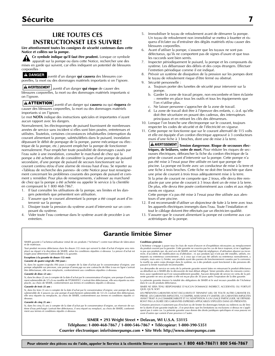 Sécurite 7, Lire toutes ces instructionset les suivre, Garantie limitée simer | Simer Pumps 2955-01 User Manual | Page 7 / 16