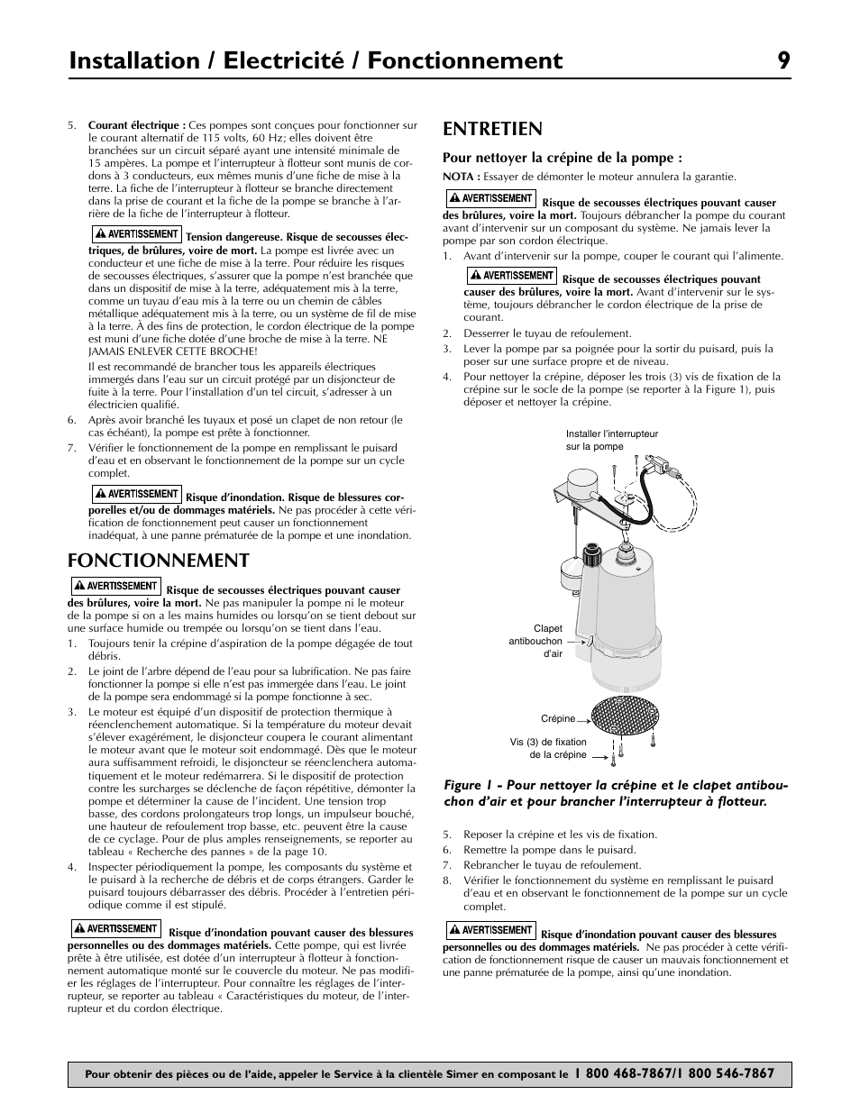 Installation / electricité / fonctionnement 9, Fonctionnement, Entretien | Simer Pumps 2955-01 User Manual | Page 9 / 16