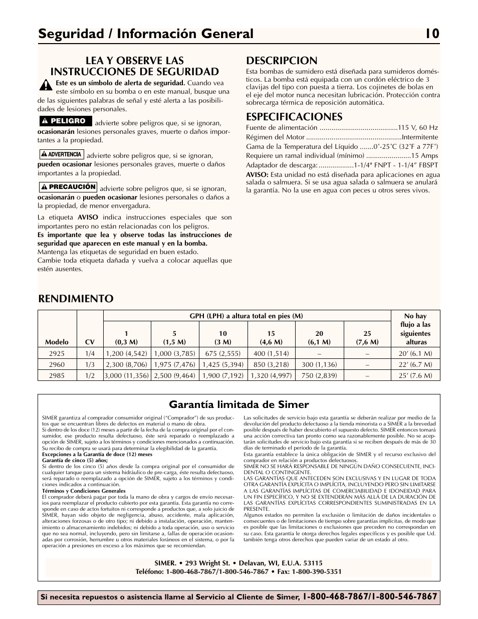 Seguridad / información general 10, Lea y observe las instrucciones de seguridad, Descripcion | Especificaciones, Garantía limitada de simer, Rendimiento | Simer Pumps 2960 User Manual | Page 10 / 16