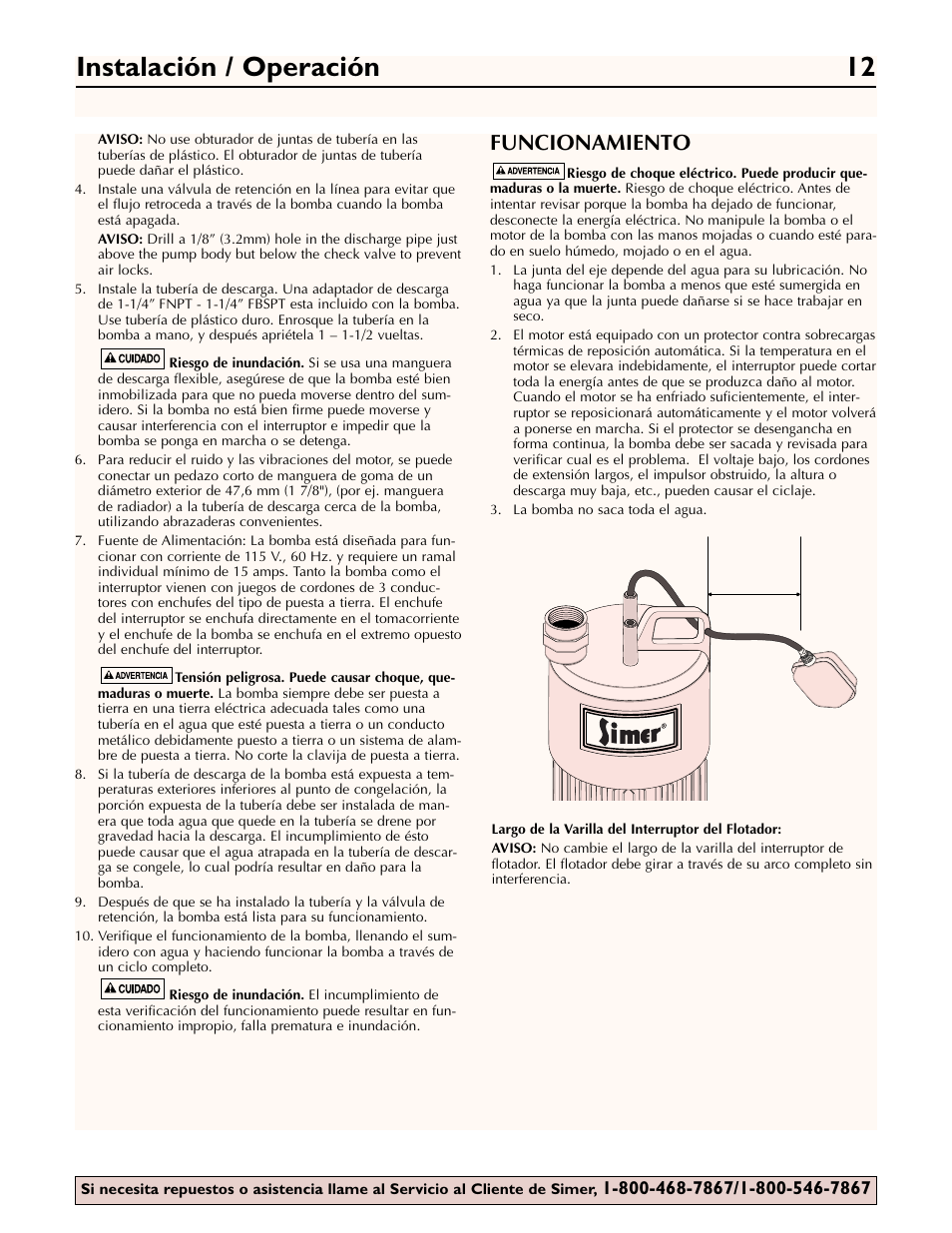 Instalación / operación 12, Funcionamiento | Simer Pumps 2960 User Manual | Page 12 / 16