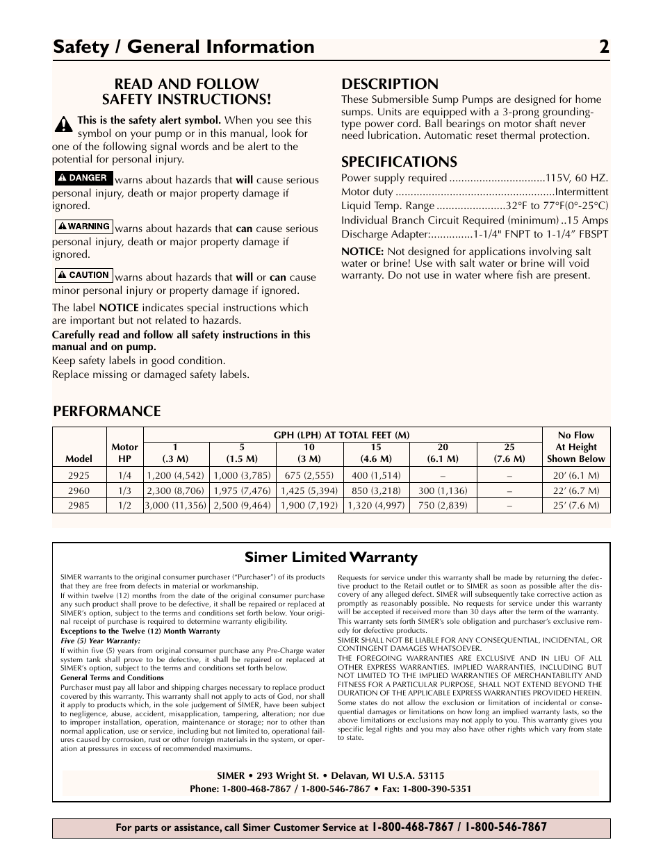 Safety / general information 2, Read and follow safety instructions, Description | Specifications, Simer limited warranty, Performance | Simer Pumps 2960 User Manual | Page 2 / 16