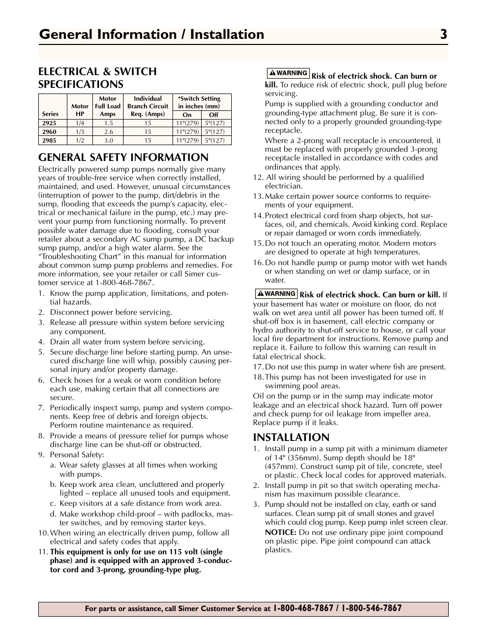 General information / installation 3, Installation | Simer Pumps 2960 User Manual | Page 3 / 16