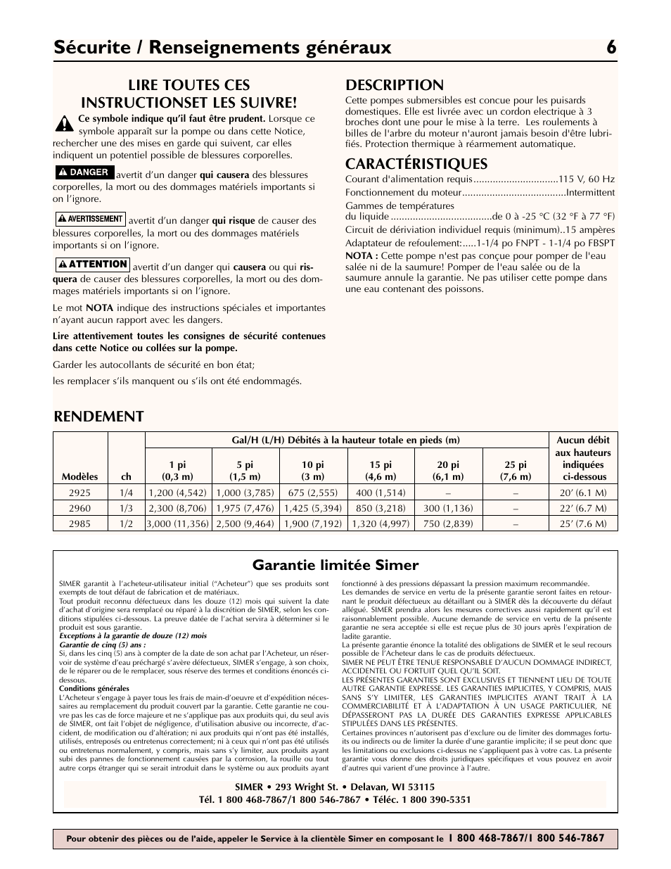 Sécurite / renseignements généraux 6, Lire toutes ces instructionset les suivre, Description | Caractéristiques, Garantie limitée simer, Rendement | Simer Pumps 2960 User Manual | Page 6 / 16