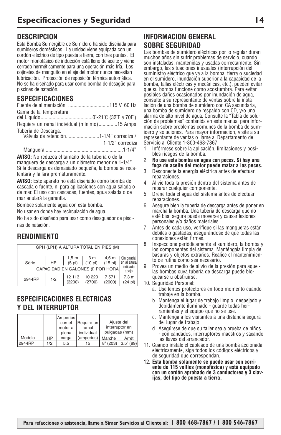 Especificaciones y seguridad 14, Especificaciones | Simer Pumps 2944RP User Manual | Page 14 / 20