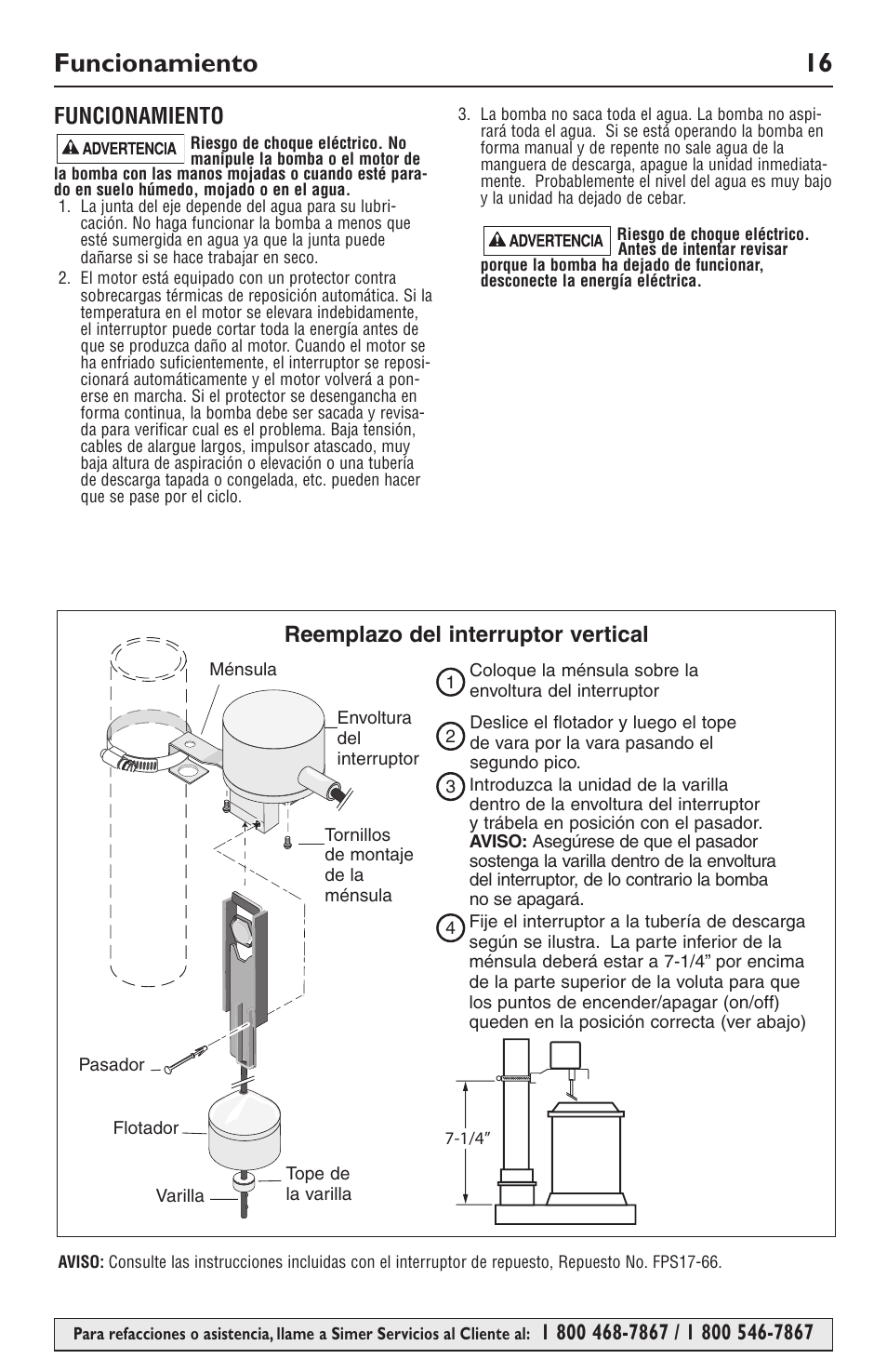 Funcionamiento 16, Vertical switch replacement, Reemplazo del interruptor vertical | Simer Pumps 2944RP User Manual | Page 16 / 20