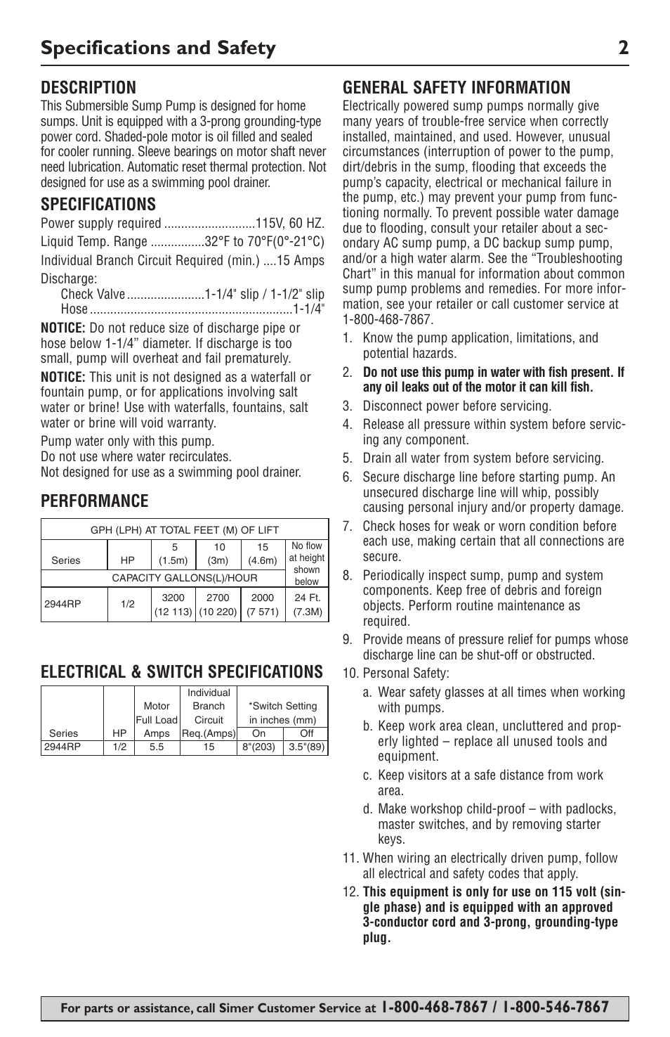 Specifications and safety 2, Description, Specifications | Simer Pumps 2944RP User Manual | Page 2 / 20