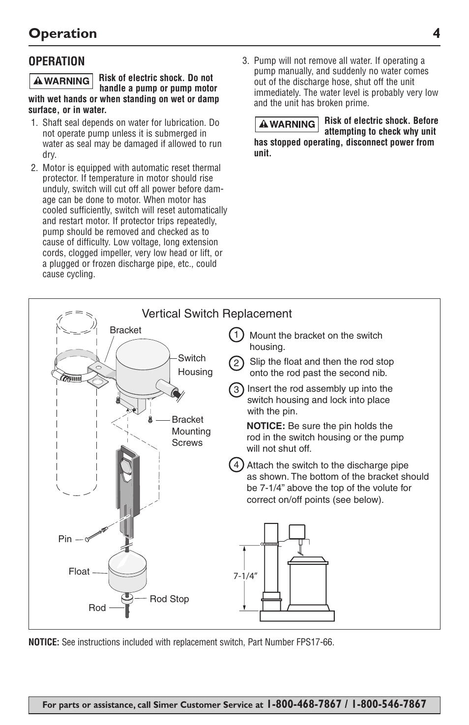 Operation 4, Vertical switch replacement | Simer Pumps 2944RP User Manual | Page 4 / 20