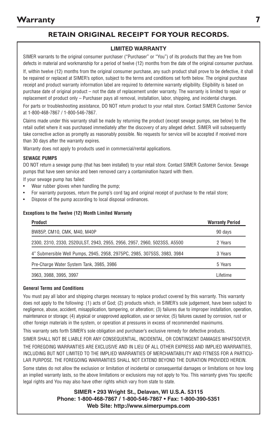 Warranty 7, Retain original receipt for your records | Simer Pumps 2944RP User Manual | Page 7 / 20