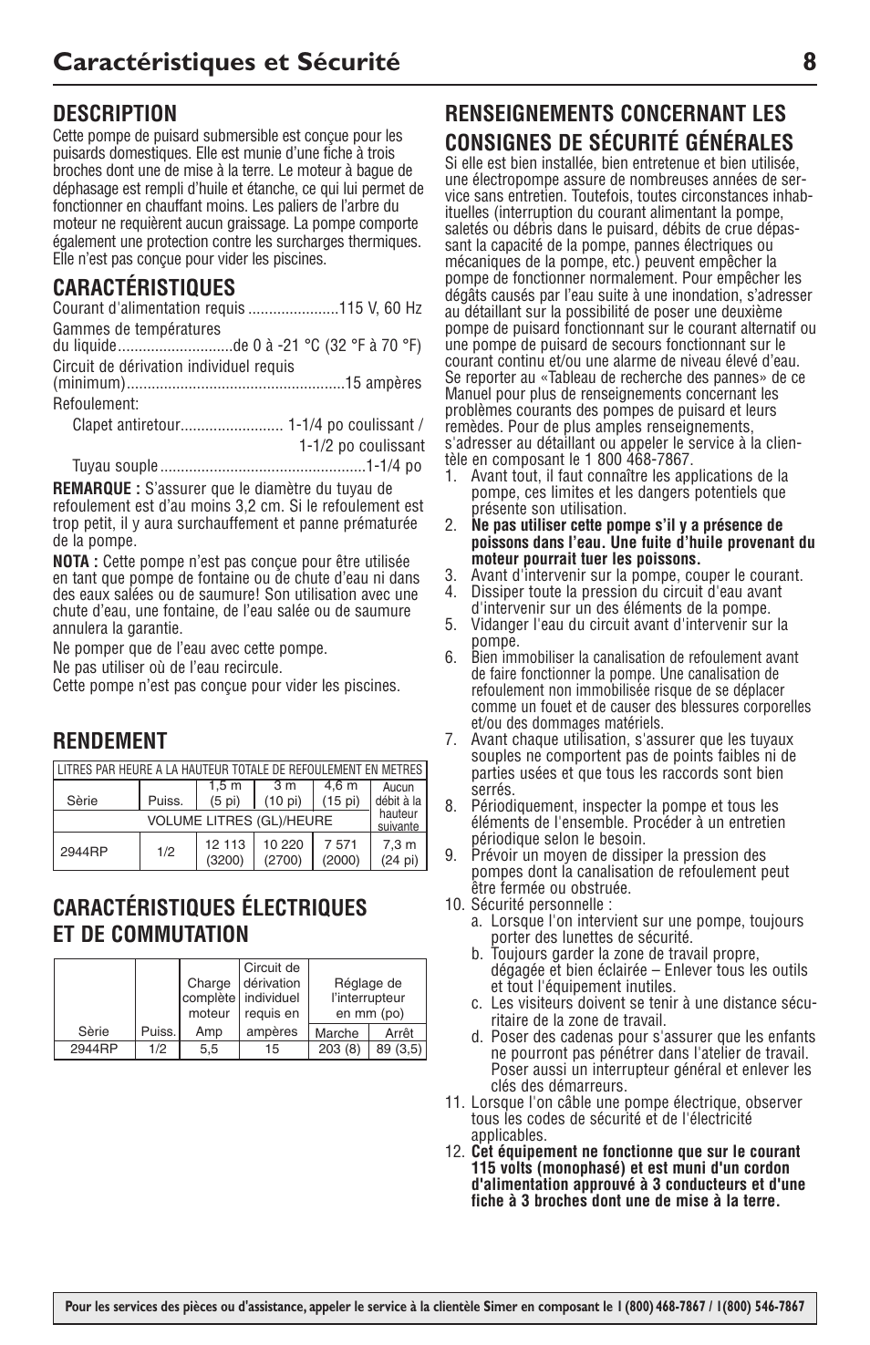 Caractéristiques et sécurité 8, Description, Caractéristiques | Simer Pumps 2944RP User Manual | Page 8 / 20