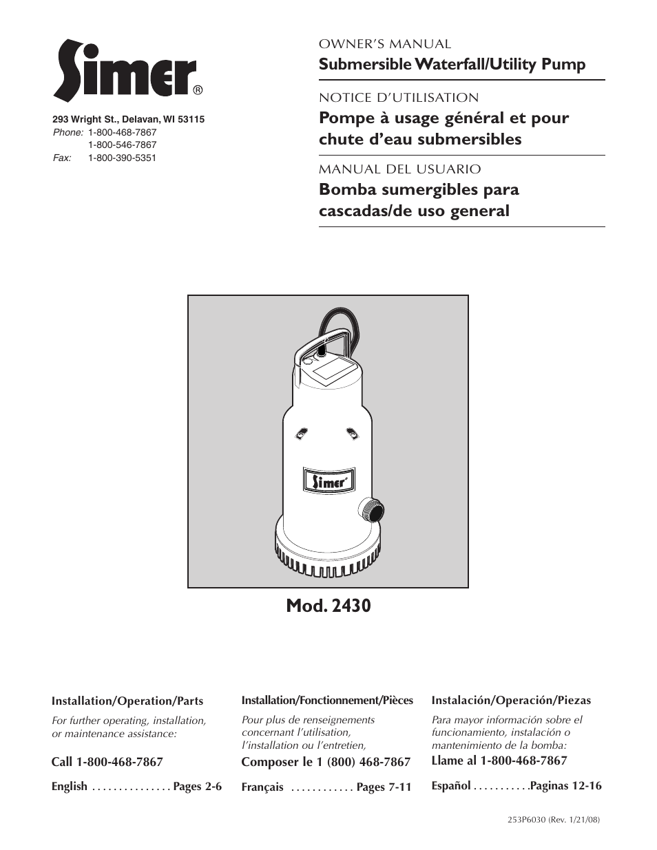 Simer Pumps 2430 User Manual | 16 pages