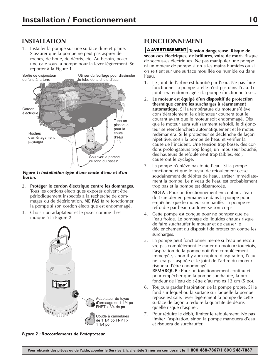 Installation / fonctionnement 10, Installation, Fonctionnement | Simer Pumps 2430 User Manual | Page 10 / 16