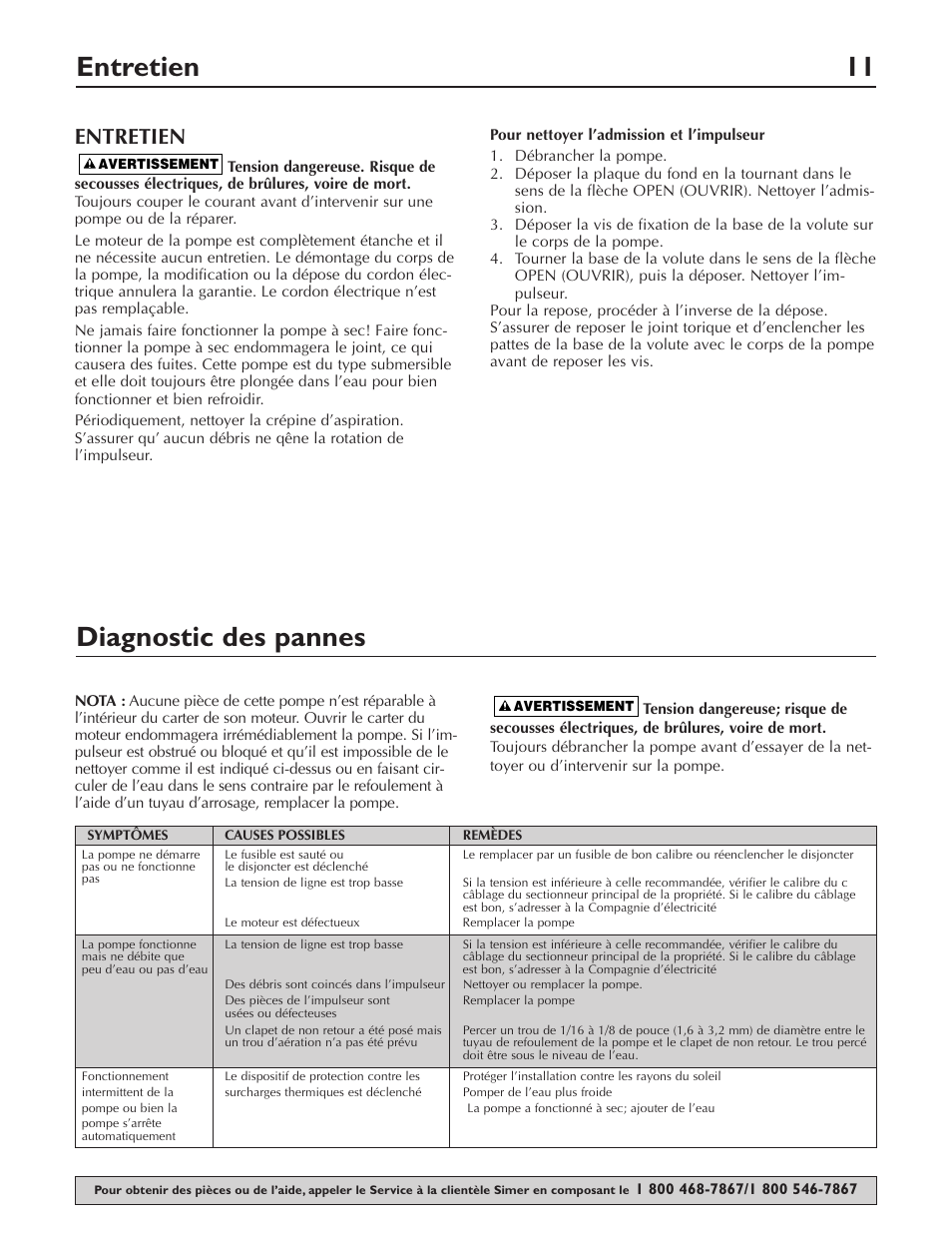 Entretien 11 diagnostic des pannes, Entretien | Simer Pumps 2430 User Manual | Page 11 / 16