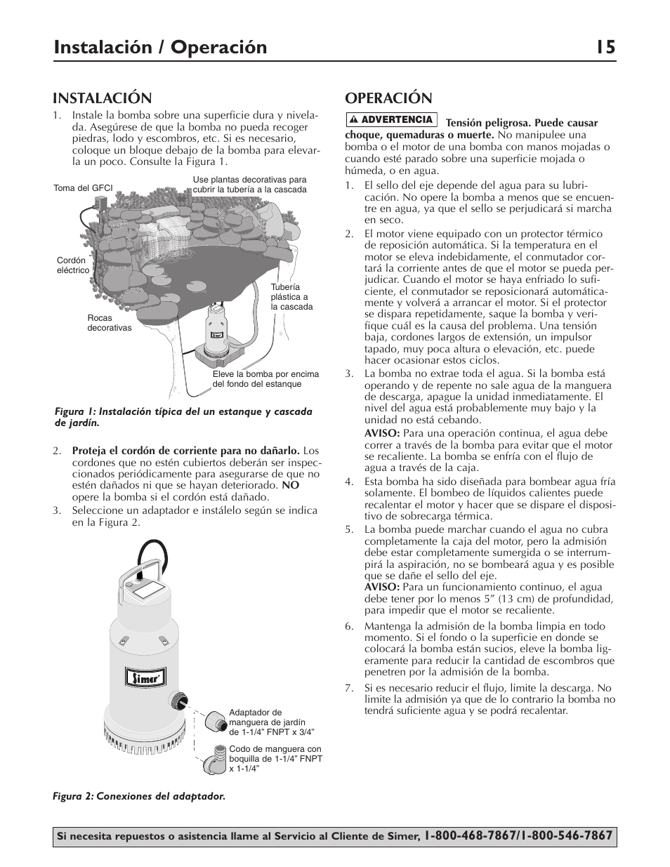 Instalación / operación 15, Instalación, Operación | Simer Pumps 2430 User Manual | Page 15 / 16