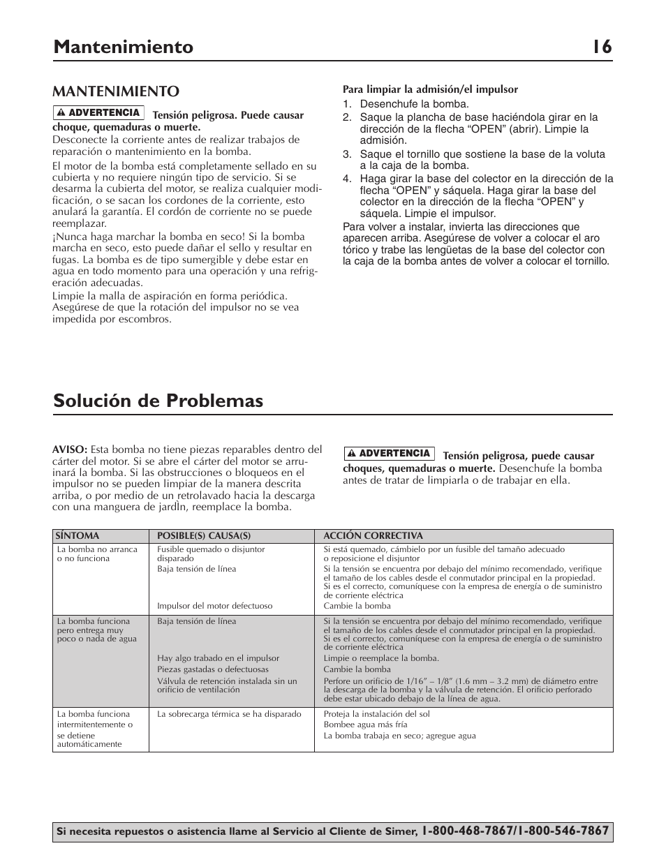 Mantenimiento 16 solución de problemas, Mantenimiento | Simer Pumps 2430 User Manual | Page 16 / 16