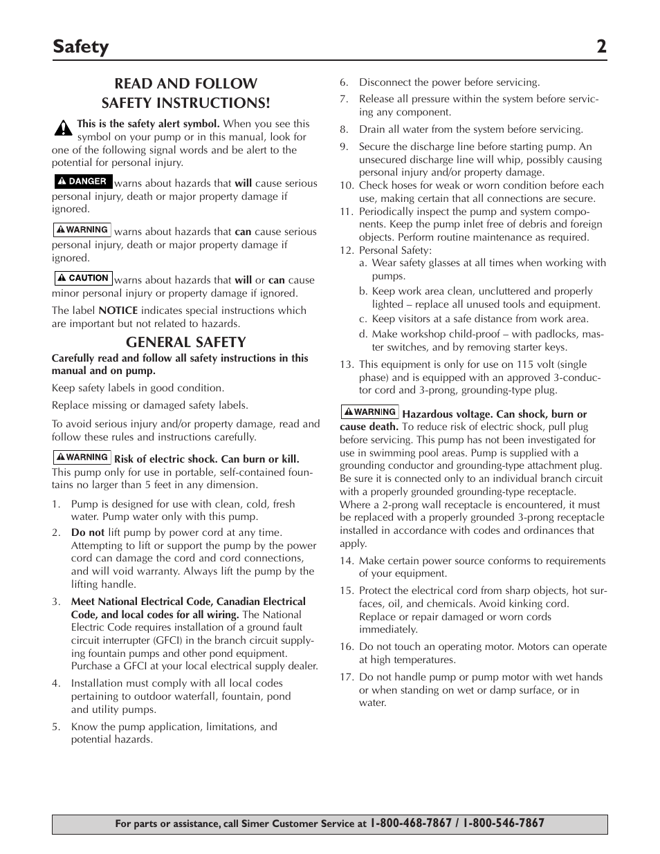 Safety 2, Read and follow safety instructions, General safety | Simer Pumps 2430 User Manual | Page 2 / 16