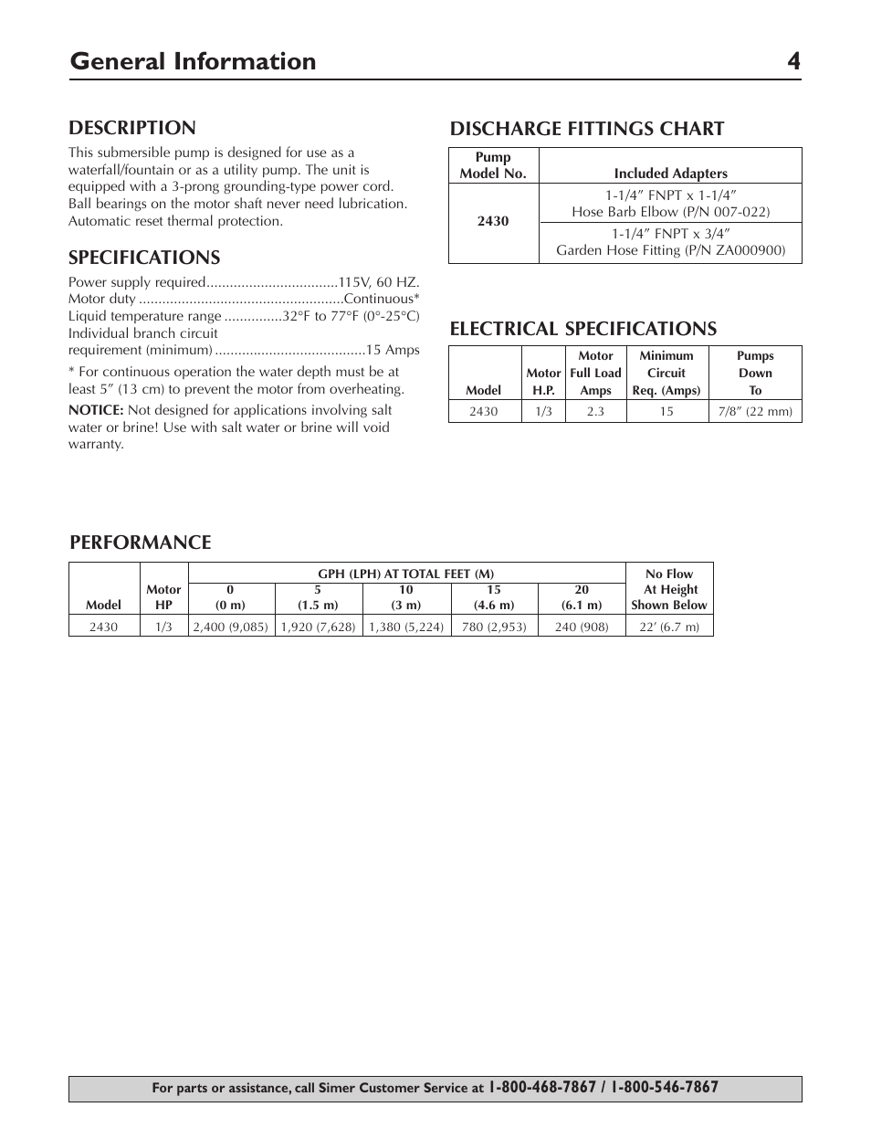 General information 4, Description, Specifications | Performance, Discharge fittings chart electrical specifications | Simer Pumps 2430 User Manual | Page 4 / 16