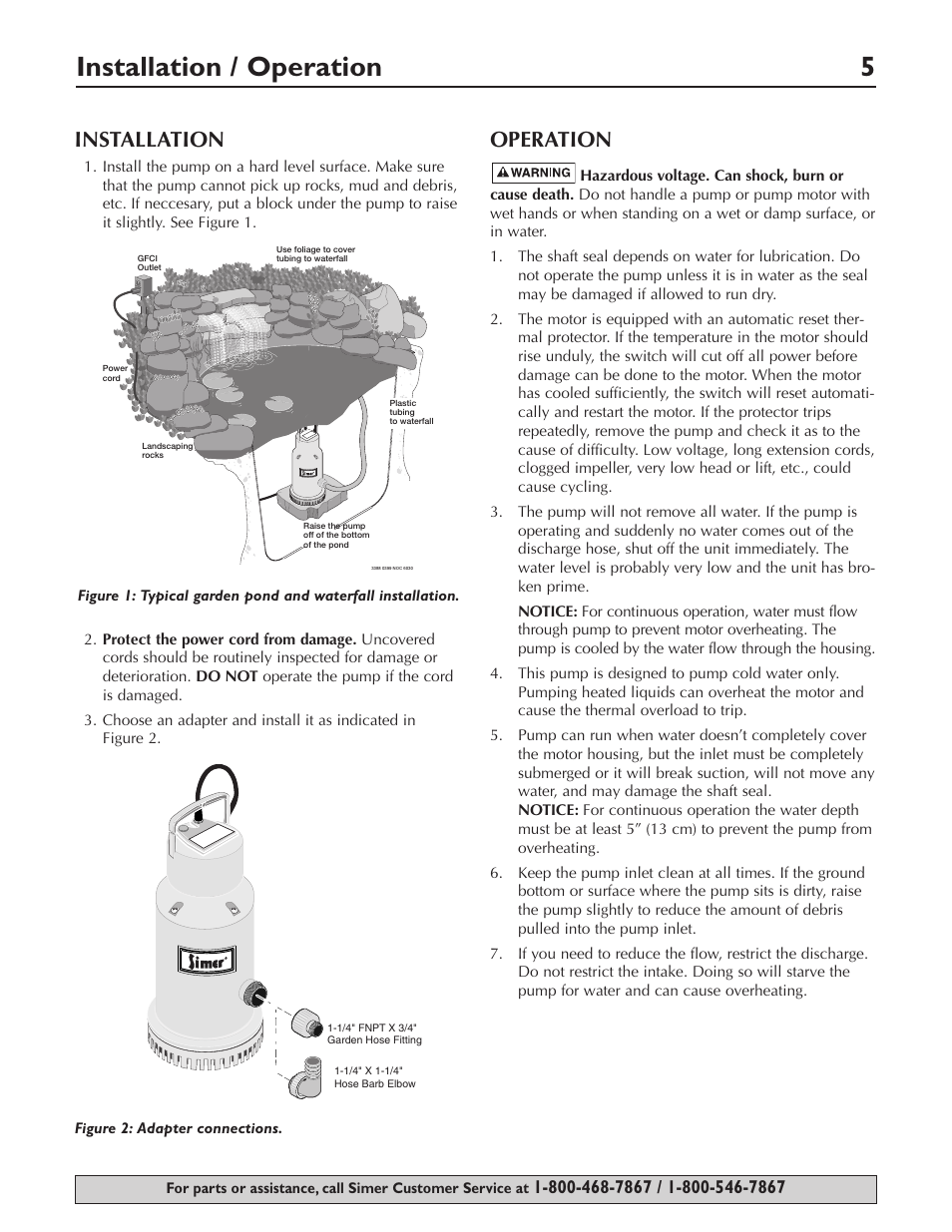 Installation / operation 5, Installation, Operation | Simer Pumps 2430 User Manual | Page 5 / 16