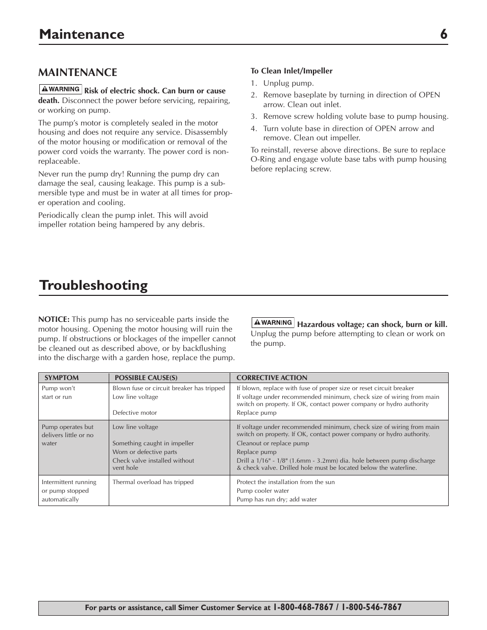 Maintenance 6 troubleshooting, Maintenance | Simer Pumps 2430 User Manual | Page 6 / 16