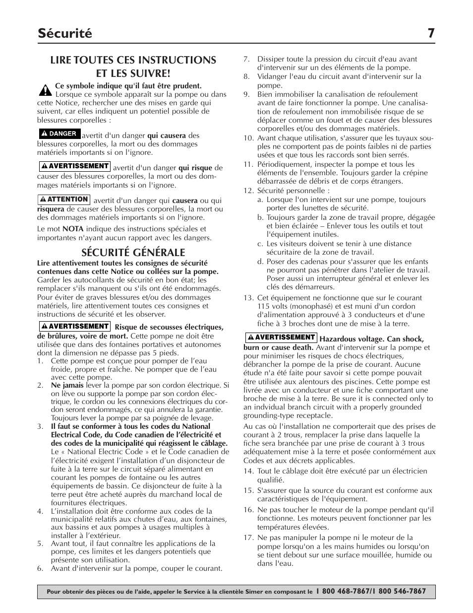 Sécurité 7, Lire toutes ces instructions et les suivre, Sécurité générale | Simer Pumps 2430 User Manual | Page 7 / 16