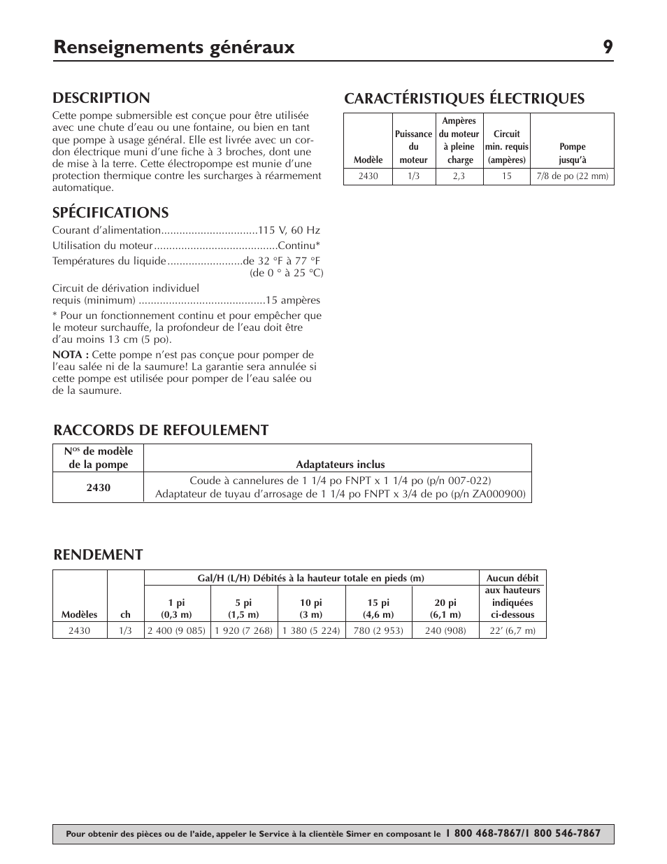 Renseignements généraux 9, Description, Spécifications | Rendement | Simer Pumps 2430 User Manual | Page 9 / 16