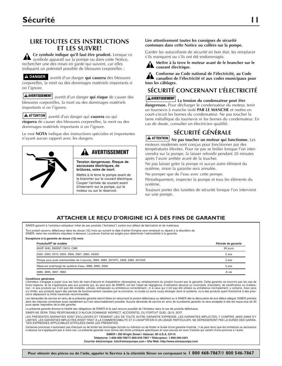 Sécurité 11, Lire toutes ces instructions et les suivre, Sécurité concernant l’électricité | Sécurité générale, Avertissement | Simer Pumps 2803 User Manual | Page 11 / 28