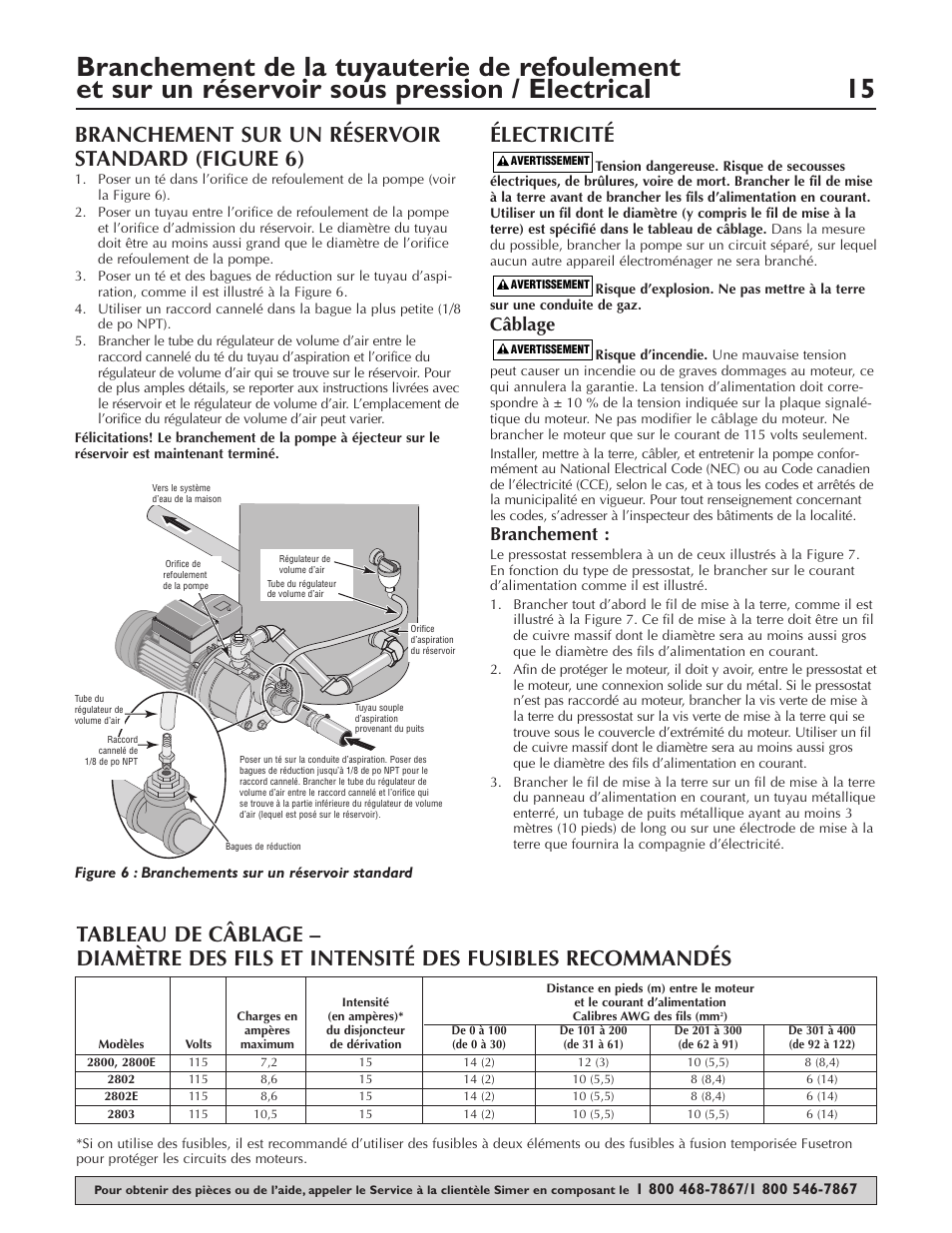 Branchement sur un réservoir standard (figure 6), Électricité, Câblage | Branchement | Simer Pumps 2803 User Manual | Page 15 / 28