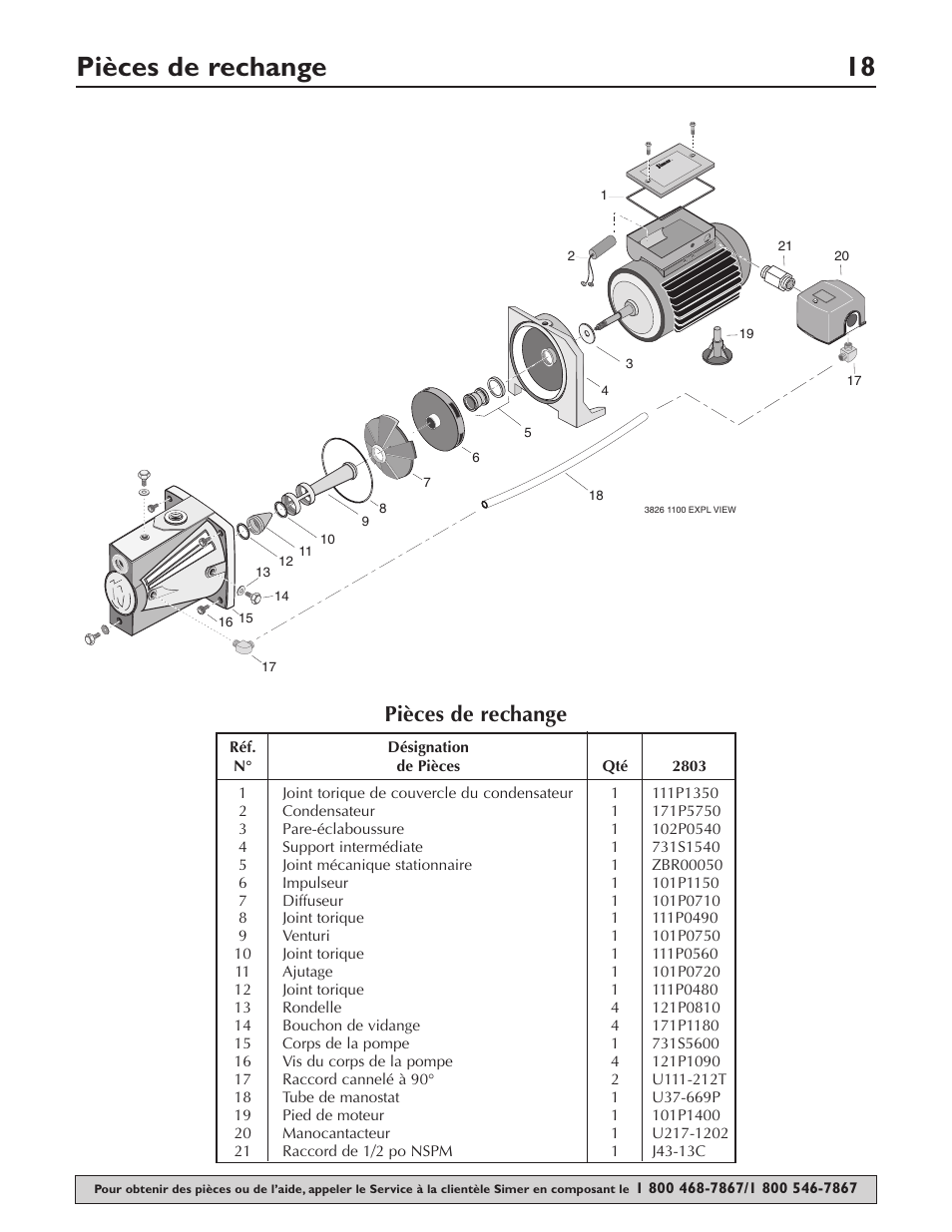 Pièces de rechange 18, Pièces de rechange | Simer Pumps 2803 User Manual | Page 18 / 28