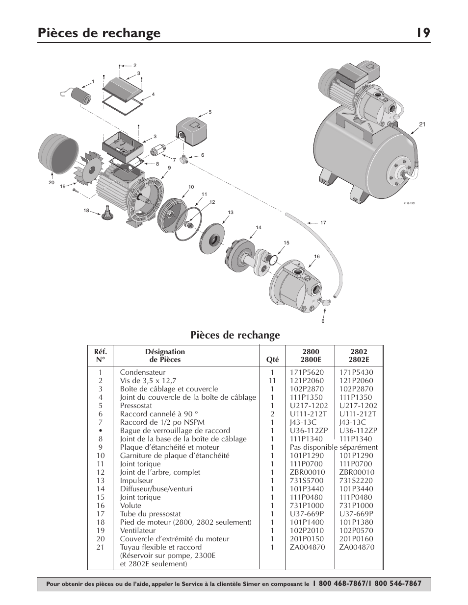 Pièces de rechange 19, Pièces de rechange | Simer Pumps 2803 User Manual | Page 19 / 28