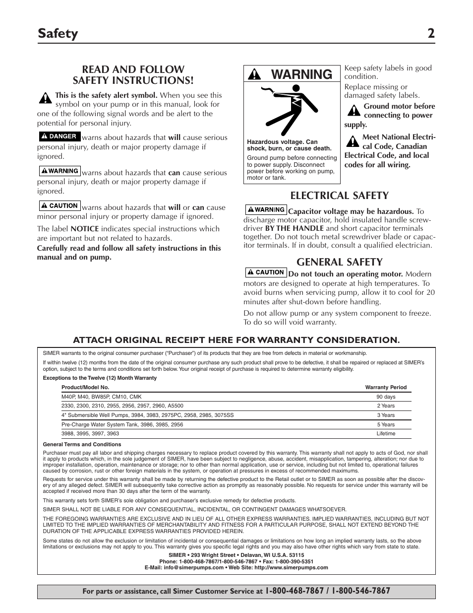 Safety 2, Warning, Read and follow safety instructions | Electrical safety, General safety | Simer Pumps 2803 User Manual | Page 2 / 28
