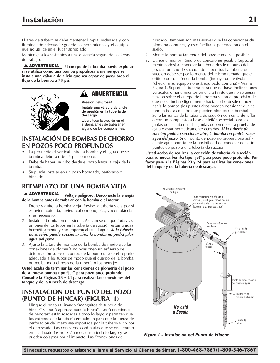 Instalación 21, Reemplazo de una bomba vieja, Advertencia | Simer Pumps 2803 User Manual | Page 21 / 28