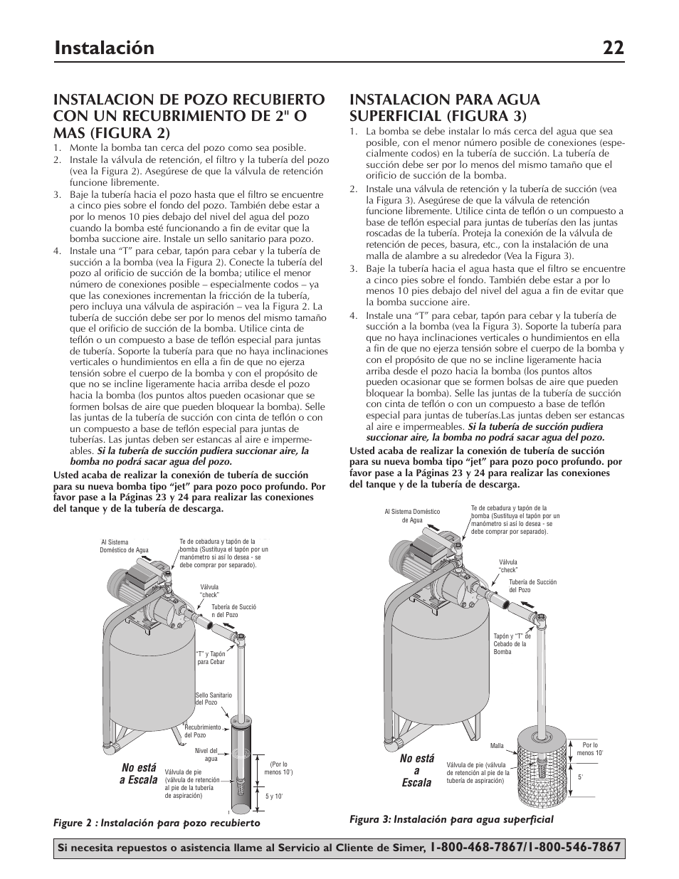 Instalación 22, Instalacion para agua superficial (figura 3) | Simer Pumps 2803 User Manual | Page 22 / 28