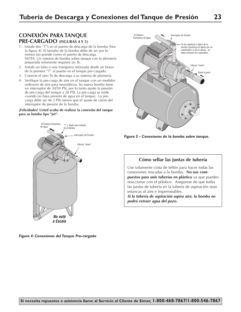 Conexión para tanque pre-cargado, Cómo sellar las juntas de tubería, Not to scale | Simer Pumps 2803 User Manual | Page 23 / 28