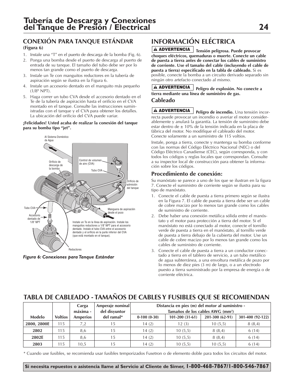 Información eléctrica, Conexión para tanque estándar, Cableado | Procedimiento de conexión | Simer Pumps 2803 User Manual | Page 24 / 28